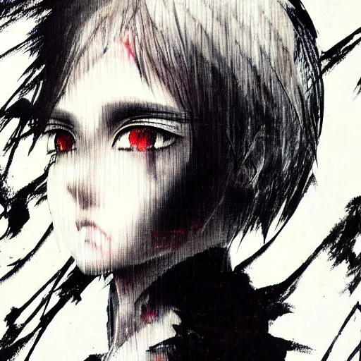 Image similar to Yoshitaka Amano realistic illustration of an anime girl with short white hair and black eyes wearing tuxedo, abstract black and white patterns on the background, noisy film grain effect, highly detailed, Renaissance oil painting, old tv glitch effect