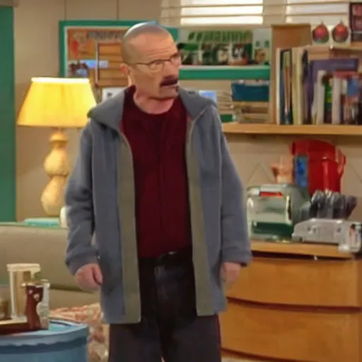 Image similar to a screenshot of Walter White in ICarly, low quality, vhs quality