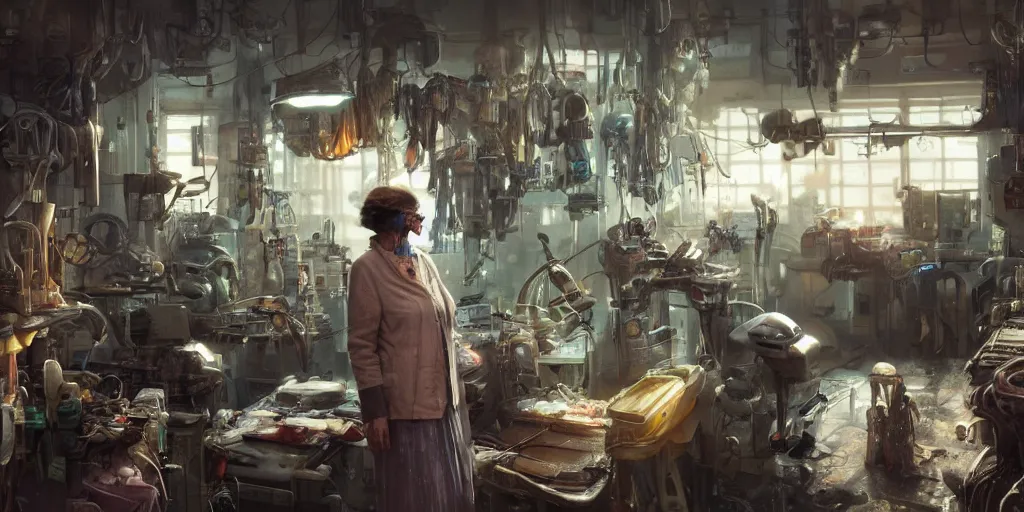 Prompt: an environmental concept art of an elderly woman cyberneticist in a cluttered workshop, surgical implements, surgery theatre, robotic arm, blood spatter, highly detailed, cinematic, dramatic, cyberpunk, dieselpunk, scifi space station, horror, ( bladerunner 2 0 4 9, cyberpunk 2 0 7 7 )