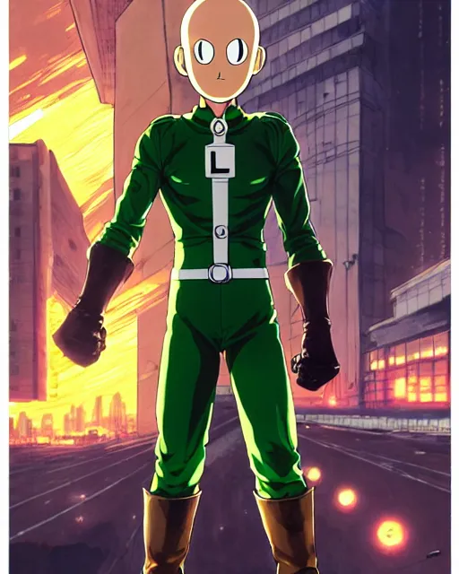 Prompt: luigi as one punch man in a suit, fantasy character portrait, ultra realistic, concept art, intricate details, futuristic background by laurie greasley, highly detailed by greg rutkowski, ilya kuvshinov, gaston bussiere, craig mullins, simon bisley