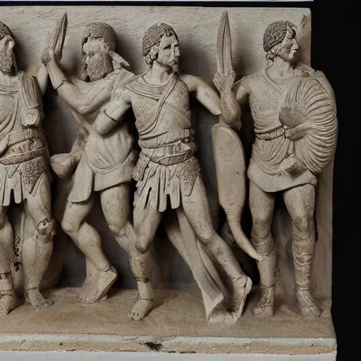 Image similar to greek warriors fighting against cqpybara, ancient greek statue, epic, detailled