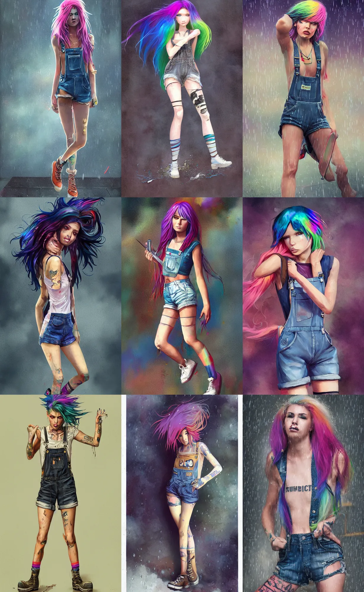 Prompt: Full body, attractive grungy woman with rainbow hair, soft eyes and narrow chin, fit dainty figure, long hair straight down, torn overalls, short shorts, fishnets, combat boots, basic white background, side boob, in the rain, wet shirt, luscious, style by Jordan Grimmer and greg rutkowski, crisp lines and color,