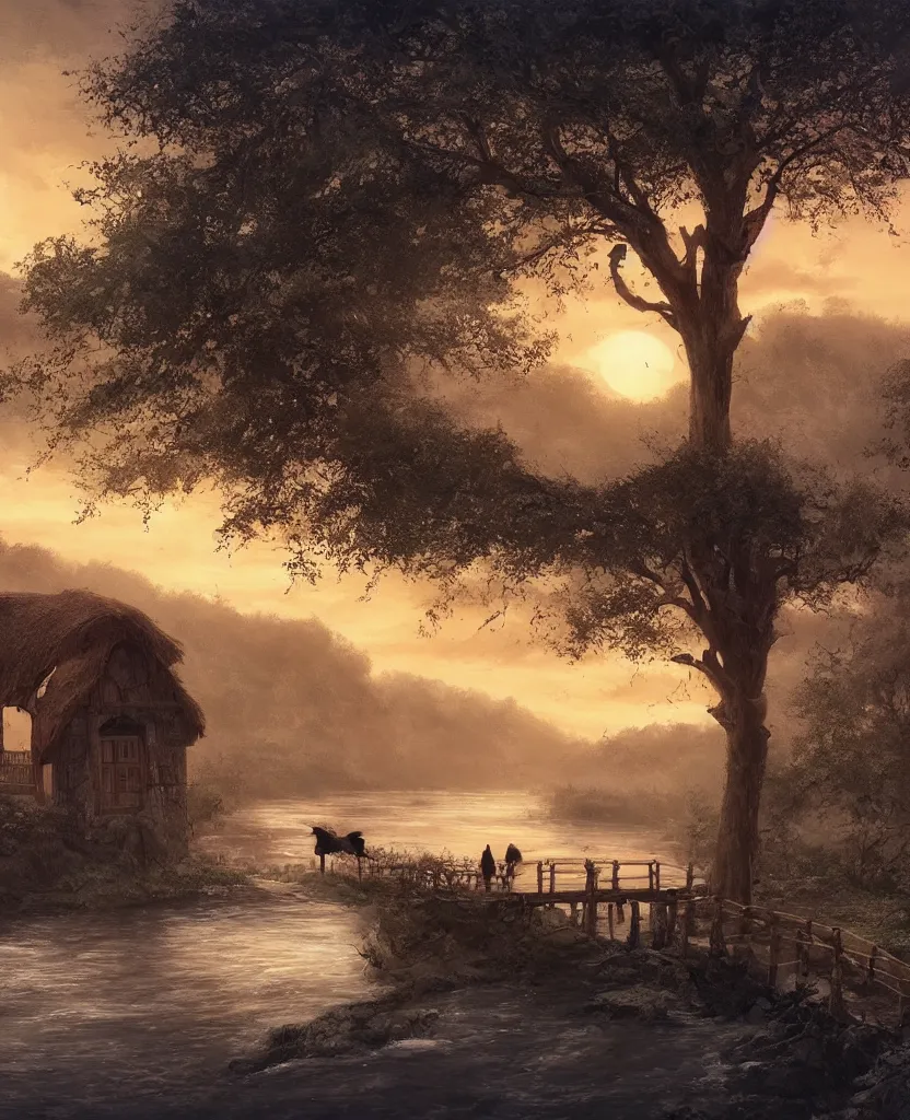 Image similar to small wooden cottage by the river, a tree with vines wrapped around it, two crows on the tree, tranquility, arch stone bridge over the river, an old man riding a horse on the bridge, sunset, by charlie bowater, by greg rutkowski