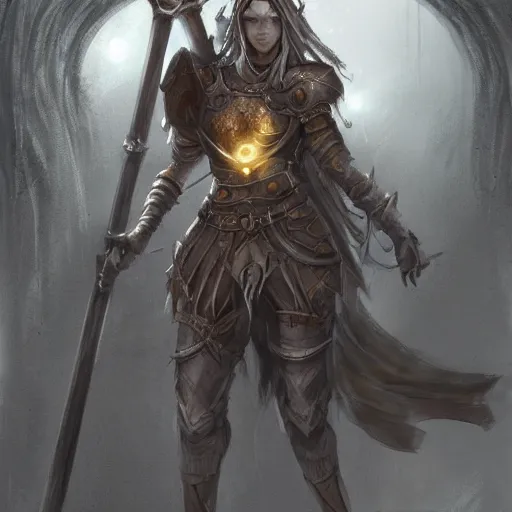 Image similar to Concept art of swordsman with yellow eyes carrying a torch inside a decaying ancient fantasy temple. She wears a rusty silver armor, trending on artstation, dark fantasy, concept art