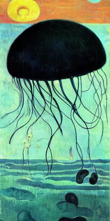 Image similar to black!! jellyfish by paul gauguin, serene, calm, minimalist!!!