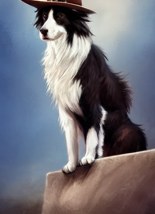 Prompt: wide angle beautiful full body portrait of a strong male anthropomorphic anthro border collie fursona in cowboy hat sitting on a curb, character design by charlie bowater, henry asencio, and ross tran, disney, detailed, sharp focus, matte, aesthetic, trending on artstation, furaffinity, deviantart