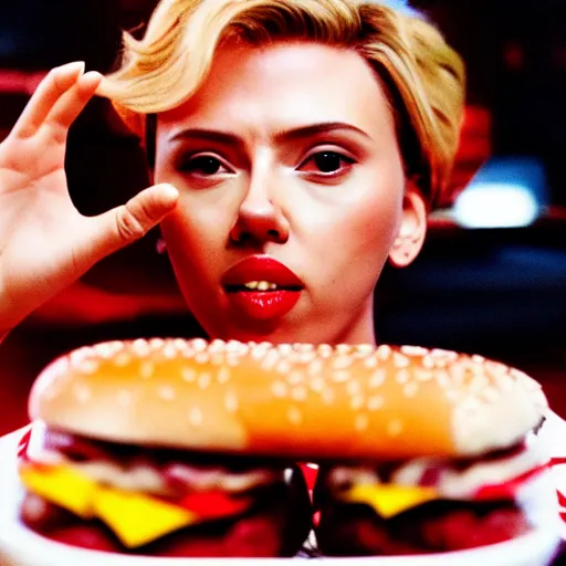 Image similar to Scarlett Johansson performing CPR on a hamburger, dripping BBQ Sauce, serving happy meals, spilling ketchup, 35mm print, hyperreal, emergency room footage