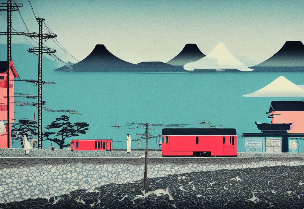 Image similar to low angle seaside landscape train rural japan, a collage painting, in the style of wes anderson, lola dupre, david hockney, isolated on negative white space background dark monochrome fluorescent neon spraypaint accents volumetric octane render
