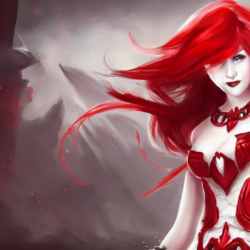 Prompt: a girl with red hair wearing red and white armor dress, white dress, arcane artwork, league of legends concept art, wallpaper