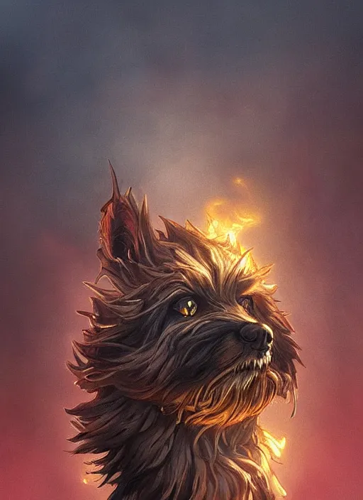 Prompt: vicious dog with three heads, glowing eyes and matted fur, sinister portrait, highly detailed, digital painting, artstation, concept art, matte, sharp focus, illustration, dramatic, cinematic sunset, hearthstone, art by artgerm and greg rutkowski and alphonse mucha