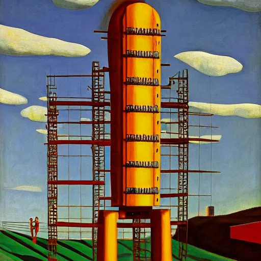 Image similar to giant robot in a scaffold, scientists climbing up, grant wood, pj crook, edward hopper, oil on canvas
