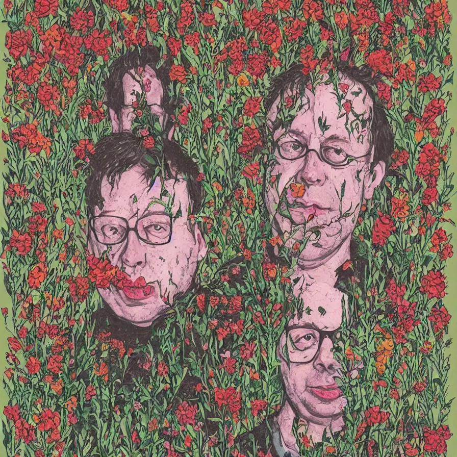 Image similar to todd solondz john zorn male portrait of the john zorn todd solondz of the underworld puking blood surrounded by flowers by karol ba