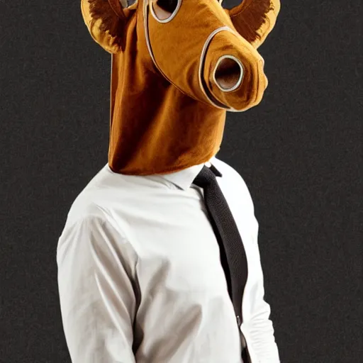 Image similar to man wearing horse head mask on shoulder of man