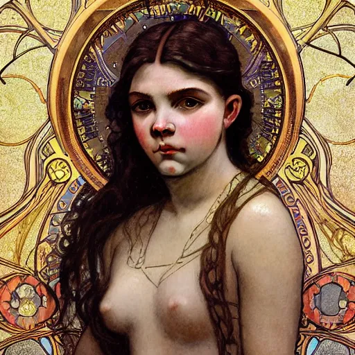 Prompt: detailed portrait art nouveau painting of the goddess of the moon, backlit, who resembles cyborg Anya Taylor Joy, Chloe Grace Moretz, and Emma Watson with anxious, piercing eyes, by Alphonse Mucha, Michael Whelan, William Adolphe Bouguereau, John Williams Waterhouse,and Donato Giancola