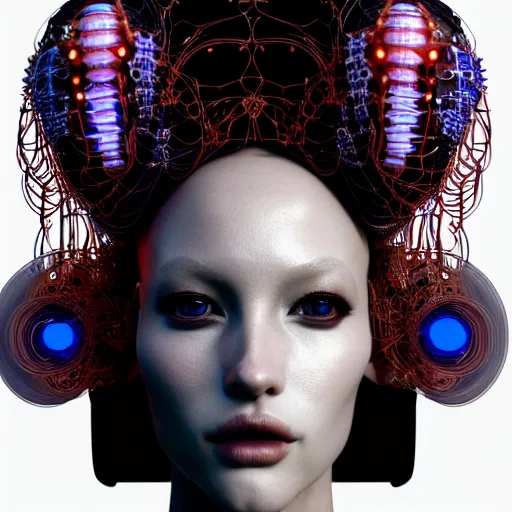 Image similar to portrait of an absurdly beautiful, graceful, sophisticated, fashionable cyberpunk mechanoid gravure idol, hyperdetailed illustration by irakli nadar, adut akech, matt wisniewski style, intricate linework, dark black porcelain skin, jellyfish headdress, unreal engine 5 highly rendered, global illumination, neon red light, detailed and intricate environment