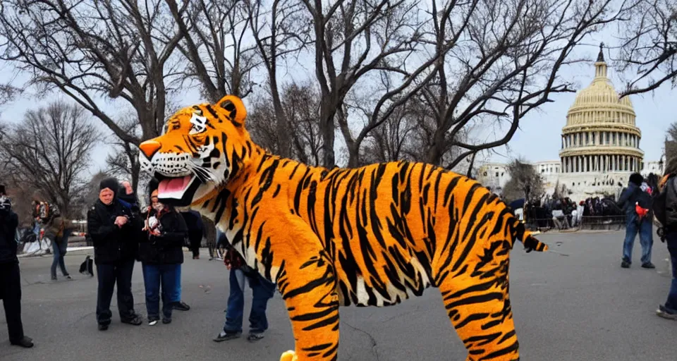 Image similar to Tony the Tiger at the January 6 attack on the US Capitol