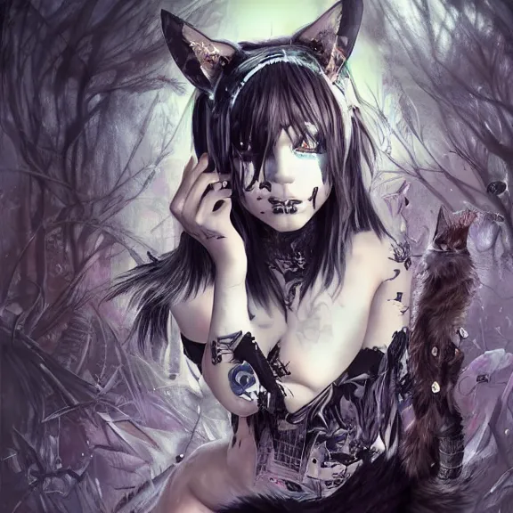 Image similar to emo boy/girl with cat ears and tail and covered in tribal body paint, fantasy artwork, award winning, hyper detailed, very beautiful, studio lighting, artstation | glitchcore yokai, shadowverse character concept, found footage horror