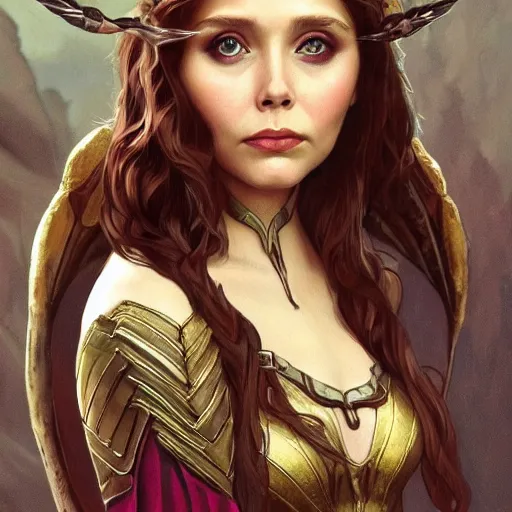 Image similar to Elizabeth Olsen as a elf archer, cute, fantasy, intricate, elegant, highly detailed, centered, digital painting, artstation, concept art, smooth, sharp focus, illustration, art by artgerm and H R Giger and alphonse mucha