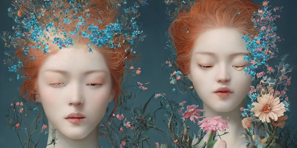 Image similar to breathtaking detailed concept art painting blend of two redhair goddess of light blue flowers by hsiao - ron cheng with anxious piercing eyes, vintage illustration pattern with bizarre compositions blend of flowers and fruits and birds by beto val and john james audubon, exquisite detail, extremely moody lighting, 8 k