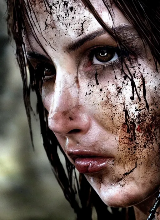 Image similar to a film still of lara croft as ninja, her face muddy and sweat, direct sun light, close up potrait, sharp and detail, cinematic,