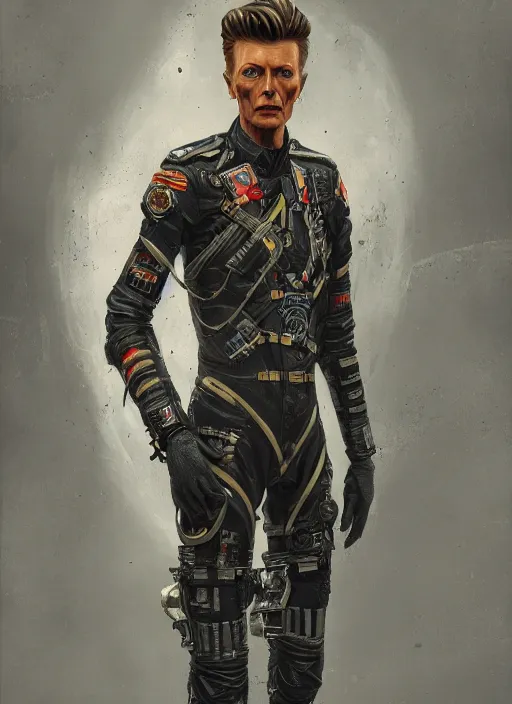 Image similar to detailed full body concept art illustration oil painting of a david bowie pilot in full intricate clothing, ultra detailed, digital art, octane render, 4K, dystopian, micro details