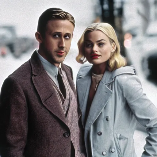 Prompt: still of ryan gosling and margot robbie, in once upon a time in america