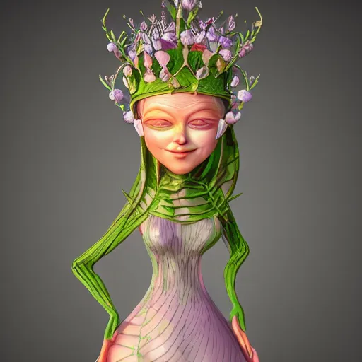 Prompt: cell shaded humanoid onion goddess, flower vine dress, crown, artstation, 4 k