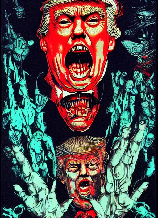 Image similar to risograph of donald trump's grotesque true form revealed, horror, high details, intricate details, by vincent di fate, artgerm julie bell beeple, 1 9 8 0 s, inking, vintage 8 0 s print, screen print