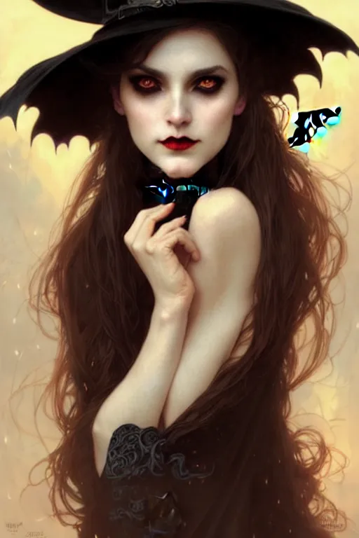 Prompt: halloween witch woman in a hat, fantasy magic, undercut hairstyle, intricate, elegant, sharp focus, illustration, highly detailed, digital painting, concept art, matte, art by wlop and artgerm and greg rutkowski and alphonse mucha, masterpiece