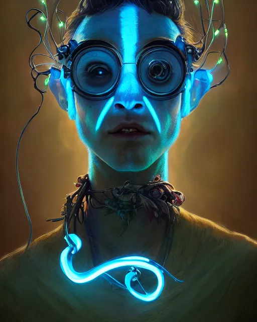 Image similar to portrait of a cute druid, male, bioluminescent, wires, horror, happy, highly detailed, digital painting, cinematic, hyperrealism, dark retrowave, art by pixar and stanley lau and artgerm and magali villeneuve and alphonse mucha, artstation, octane render, cgsociety