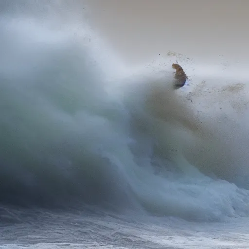 Prompt: a lion's face breaching through a wave, stormy weather