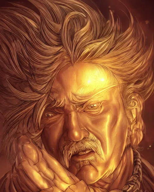 Image similar to An old man looking into a golden mirror, close-up, fantasy art, male art, in the style of masami kurumada, illustration, epic, fantasy, intricate, hyper detailed, artstation, concept art, smooth, sharp focus, ray tracing