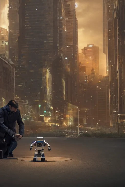 Prompt: a large robot bend down on one knee to comfort a lost child in the city, , strong imagery, highly detailed, by Sung Choi, Johnson Ting, Maxim Verehin, Peter Konig, f, photorealistic , cinematic lighting, HD, high detail,