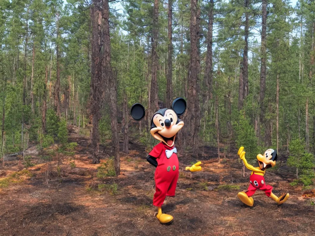Image similar to disney's goofy trying to put out a forest fire by peeing on it somewhere in southern finland