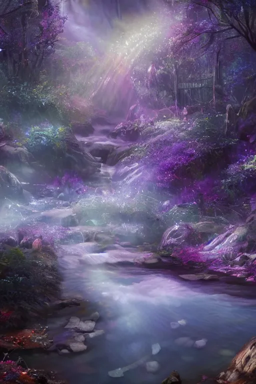 Prompt: The sparkling creek is full of jewels and glitters in the moonlight, ruby, sapphire, celestine, moonstone, amethyst, garnet, emerald, pearl, concept art, fantasy, gothic cathedral, light through the mist, dramatic lighting, photorealistic, cinematic lighting, high detail, cinematic feel, high octane, 4K, Unreal Engine, digital render, intricate, ultra realistic, crepuscular ray, low angle, superwide shot, lunapunk