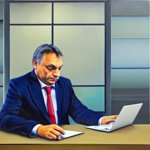 Image similar to viktor orban refactoring code on a laptop in a cubicle, oil painting