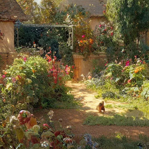 Image similar to highly detailed vegetable garden, lots of leaves, fence line, highly detailed painting by gaston bussiere, craig mullins, j. c. leyendecker, 8 k