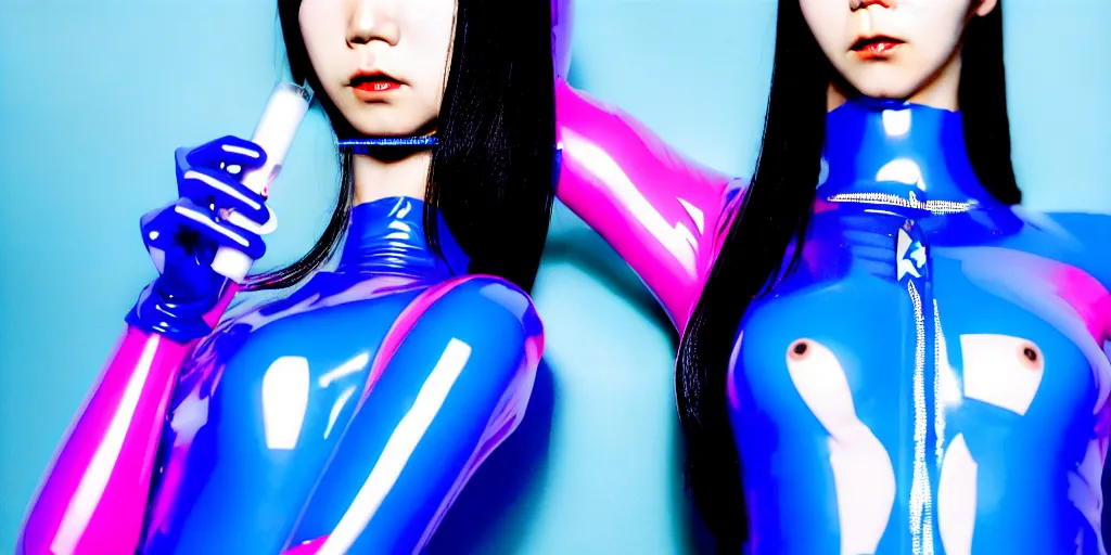 Prompt: a close - up risograph of cyberpunk japanese model girl with black eyes and pretty face wearing latex catsuit and lots of transparent and cellophane accessories, blue hour, twilight, cool, portrait, kodachrome, iso 1 2 0 0, painting by mayumi hosokura