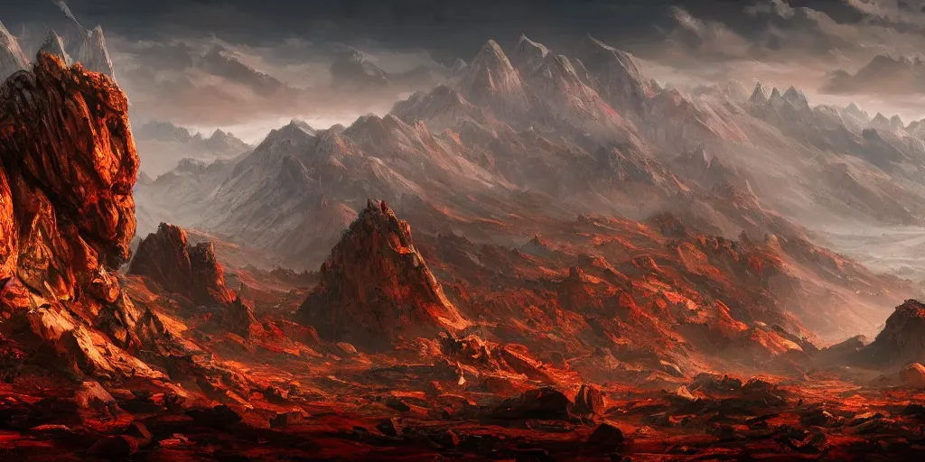 Prompt: The blood-soaked stone landscape with mountains in the background, Sci-Fi fantasy desktop wallpaper, painted, 4k, high detail, sharp focus