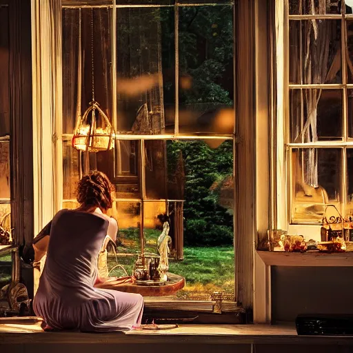 Image similar to a delicious coffee, a great view, dramatic colored lighting, mysterious ambiance : : gregory crewdson photo style : : nikon d 8 1 0, ƒ / 2. 5, focal length : 8 5. 0 mm, exposure time : 1 / 8 0 0, iso : 2 0 0