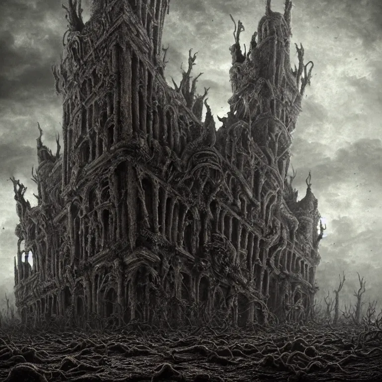 Image similar to ribbed abandoned giant castle, covered with tentacles, spines, roots and organic rotten flesh meat, baroque painting, standing in a desolate empty wasteland, creepy, nightmare, dream-like heavy atmosphere, surreal abandoned buildings, beautiful detailed intricate insanely detailed octane render trending on Artstation, 8K artistic photography, photorealistic, chiaroscuro, Raphael, Caravaggio, Beksinski, Giger