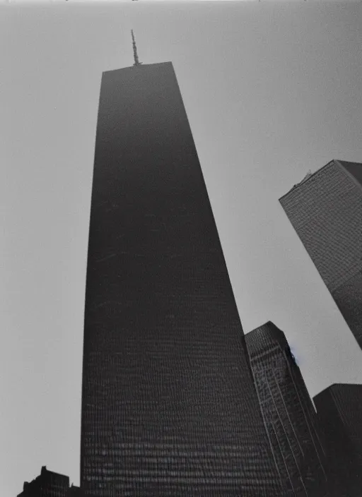 Image similar to 1 9 9 0 s polaroid of the twin towers wtc, as plane flies overhead