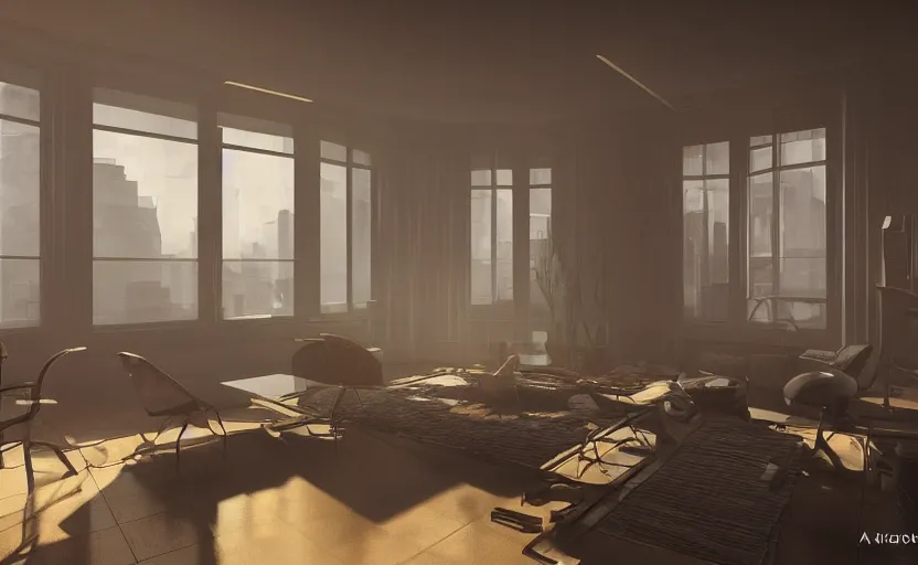 Prompt: a small futuristic apartment interior in the style of blade runner, photo by norman rockwell, warm moody lighting, large round window, smoky, wide angle lens, trending on artstation, unreal engine, 8k,