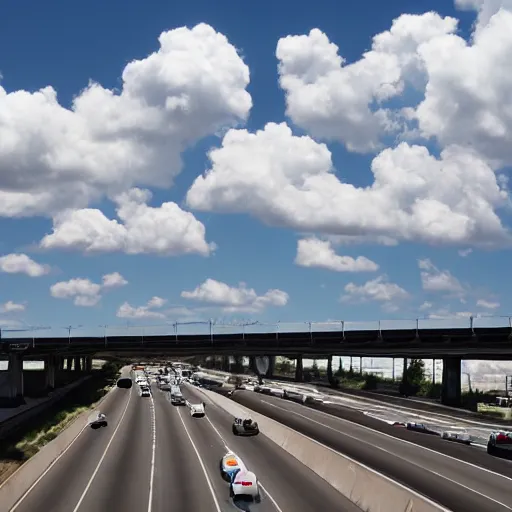 Image similar to photo, 5 0 mm, interstate traffic jam, scattered clouds, midday sun,