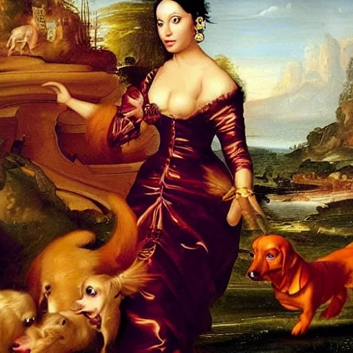 Image similar to nicki minaj walking a dachshund baroque oil painting