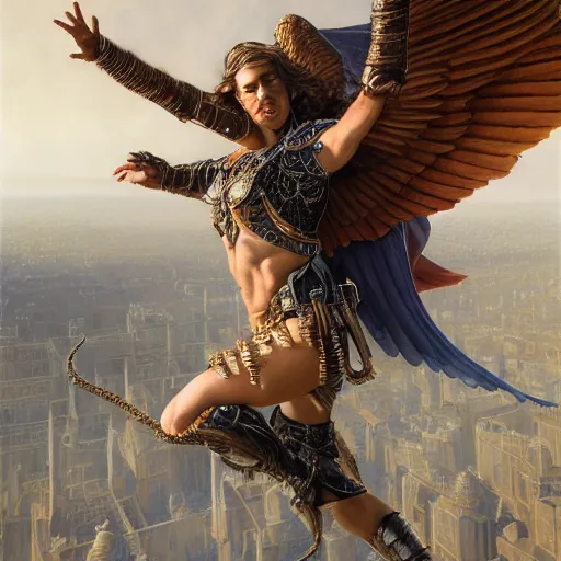 Prompt: Gladiator with Wings of knowledge, detailed, centered, digital painting, artstation, concept art, donato giancola, Joseph Christian Leyendecker, WLOP, Boris Vallejo, Breathtaking, 8k resolution, extremely detailed, beautiful, establishing shot, artistic, hyperrealistic, beautiful face, octane render, cinematic lighting, dramatic lighting, masterpiece