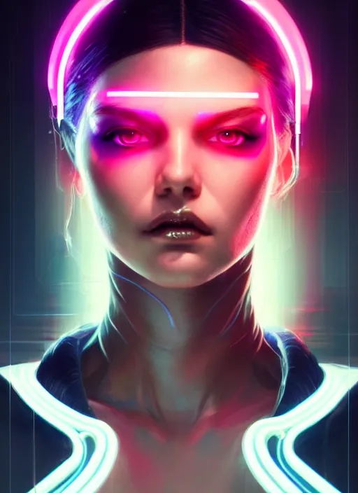 Image similar to portrait of female cyberpunk humanoid, asymmetric, intricate, elegant, cyber neon lights, highly detailed, digital photography, artstation, glamor pose, concept art, smooth, sharp focus, art by artgerm and greg rutkowski