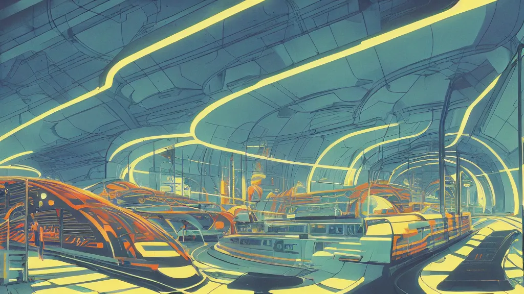 Image similar to 7 0 s sci - fi train station interior, retrofuturism, gouache, animated film, stylised, illustration, by eyvind earle, scott wills, genndy tartakovski