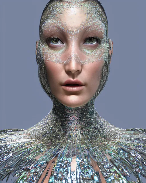 Image similar to a highly detailed metahuman 4 k close up render of an alien goddess bella hadid as alien in iris van herpen dress schiaparelli in diamonds crystals swarovski and jewelry iridescent in style of alphonse mucha gustav klimt trending on artstation made in unreal engine 4