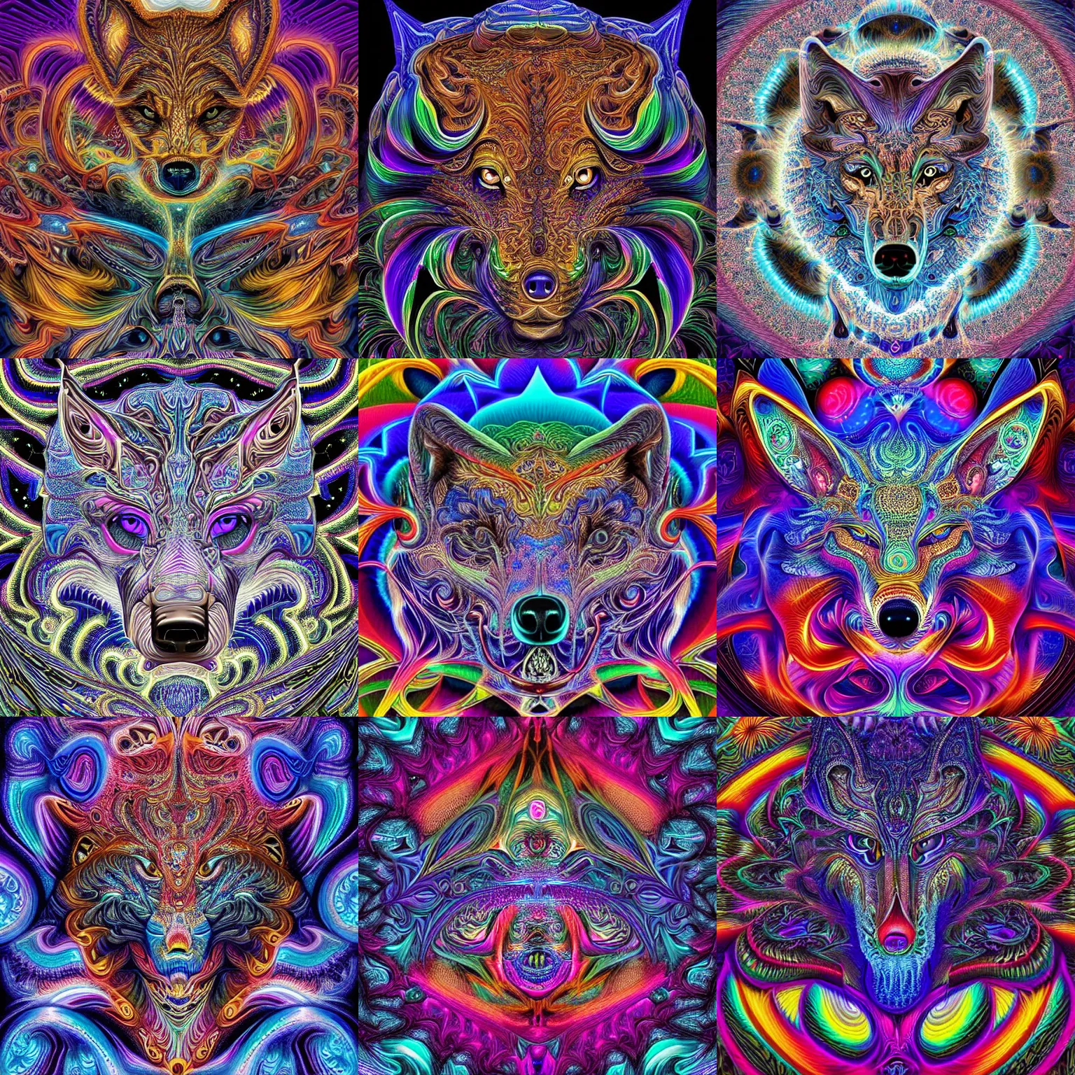 Prompt: a intricate ornate psychedelic image of a wolf head opening into a fractal universe, digital art by alex grey and dan mumford and felix kelly, instagram contest winner, psychedelic art, psychedelic, fractalism, fractals, artstation, ultra fine detailed, art, hyper realism, hyper detailed, cgsociety, ue 5, hd, 3 d, 8 k